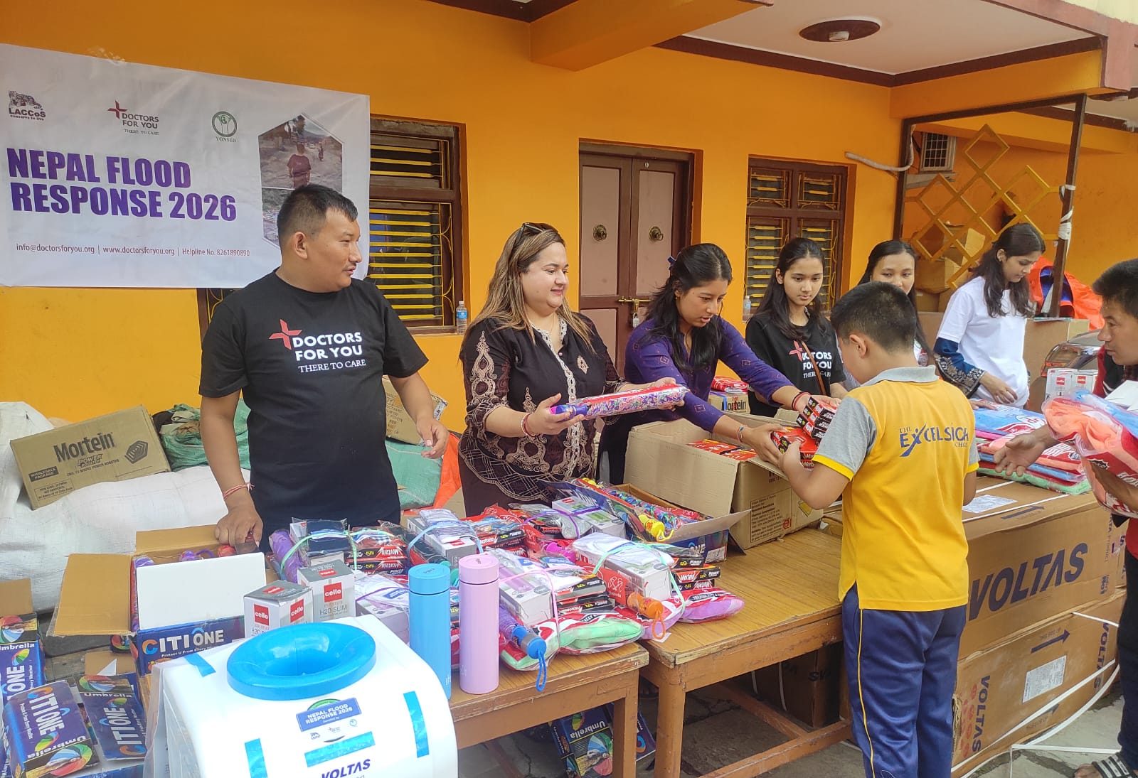 Doctors For You volunteers at the Nepal Flood Response 2026 relief distribution